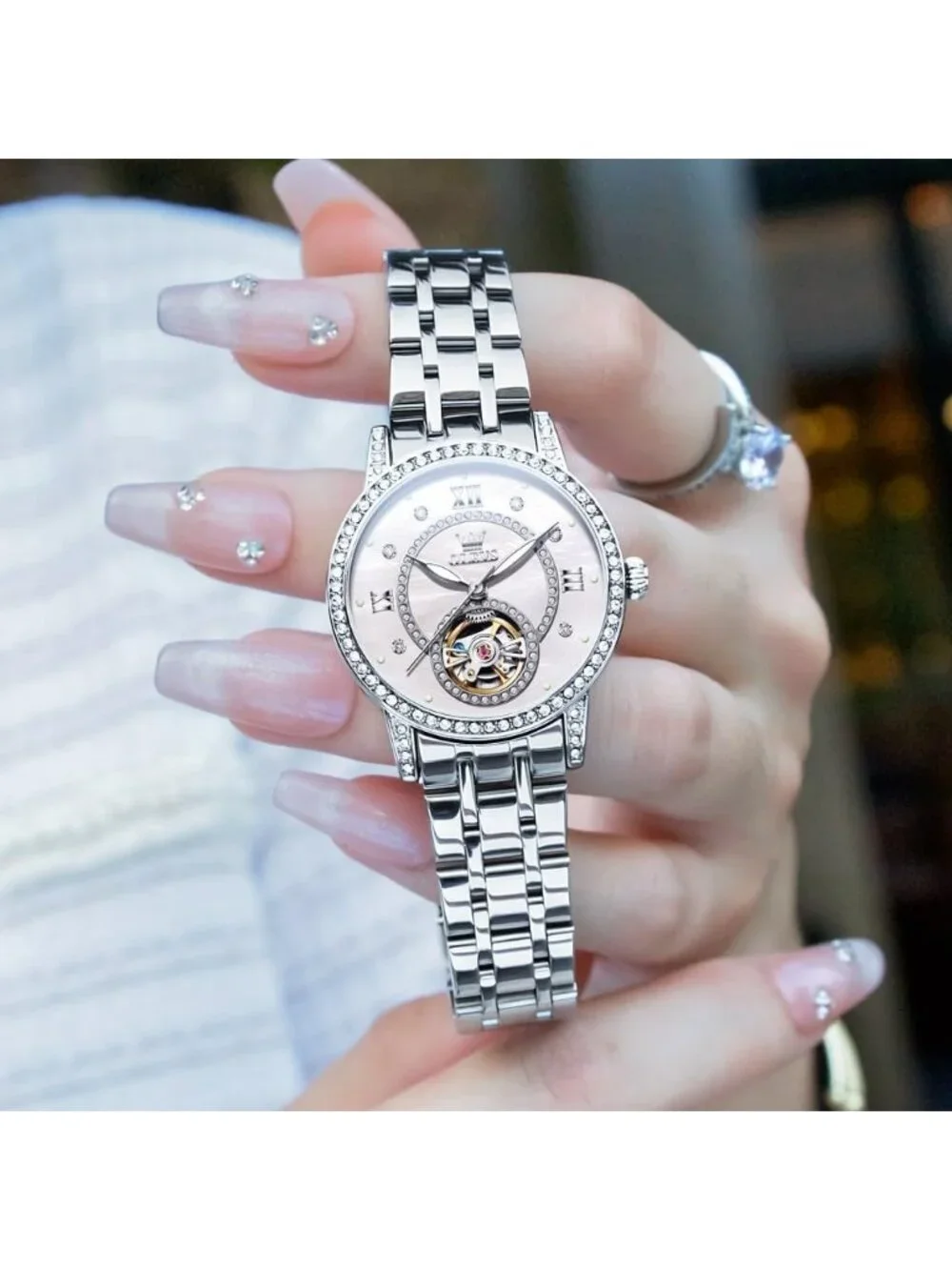Women’s White Automatic Starry Sky Diamond Bezel Luxury Mechanical Wrist Watch